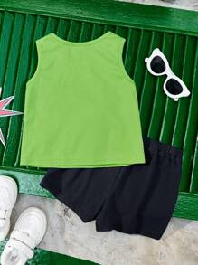 TEENAGE MUTANT NINJA TURTLES | SHEIN Conjunto de 2 piezas para bebé niño: Musculosa deportiva verde con diseño de tortuga y letras, y pantalón corto. Conjunto casual y de moda apto para todas las estaciones - Verde - Ver 2