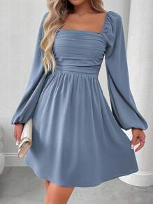 EMERY ROSE Women's Solid Color Ruffle Square Neck Lantern Sleeve Dress Fall Cloth For Women - Dusty Blue - View 5