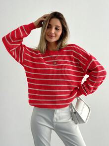 EURMUSE Áo len sọc Colorblock thường ngày cho nữ, Thu/Đông - Đỏ - Xem 5