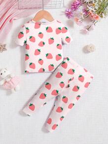 SHEIN Baby Girl Strawberry Graphic Snug-Fit Short Sleeve Jumpsuit, Casual & Comfortable Home/Loungewear