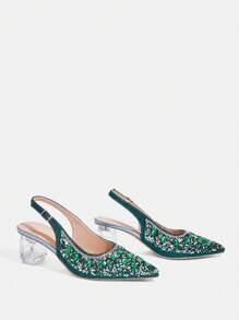 CUCCOO TILAWA Women's Crystal Heel Rhinestone Pointed Toe Hollow Out Black Slip-On Pumps, Suitable For Going Out, Banquet, Party And Other Occasions - Green - View 4