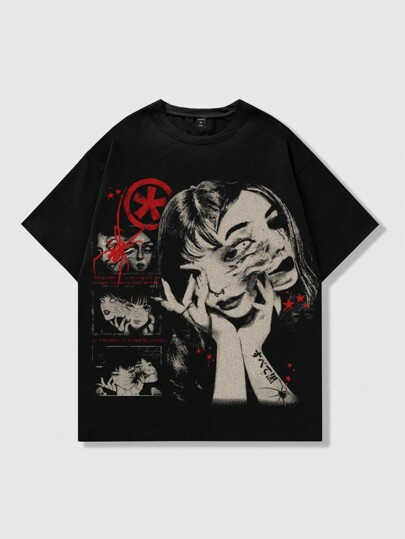 Maglietta manica corta con stampa di personaggi anime, maglietta grafica, adatta per l'uso quotidiano in primavera e autunno per uomo