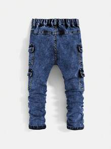 SHEIN 年轻男孩街头酷炫潮流石洗多口袋高弹力紧身灰色牛仔裤，适合年轻男孩上学和日常秋装 - 中等水洗藍 - 查看 2