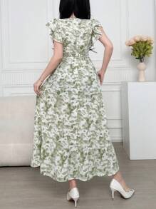 Modelyn Women's Boho Tie-Dye Maxi Dress: Green V-Neck Woven Flounce Hem Short Sleeve Wrap Dress With Ruffle Detailing, Perfect For Summer - Green - View 6