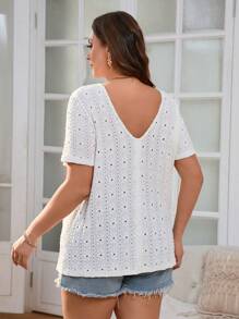 SHEIN Frenchy Plus Size Women Casual Simple Jacquard Textured Solid Color V-Neck T-Shirt, Reversible,Short Sleeve Top - Apricot - View 2