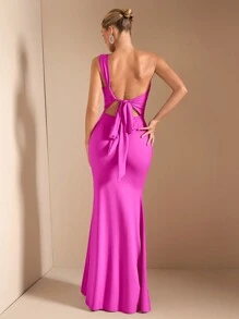 SHEIN BAE 优雅不对称领斜肩挂围巾女长裙，适合日常、约会、郊游、夜店、派对、圣诞节、秋季，酒红色 - 玫紅色 - 查看 6