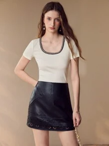 MOTF PREMIUM HOLLOW OUT A LINE SKIRT,SPRING/SUMMER - Black - View 7