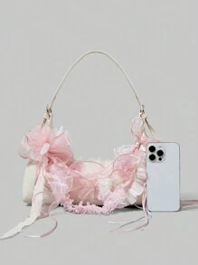 ROMWE Kawaii Pink Lace Bowknot 3D Flower Cute Shoulder Bag - Beige - View 3