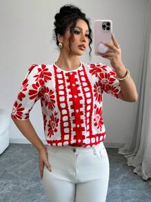 Rafferiza Women's Casual Loose Floral Print Crew Neck Short Sleeve Blouse-Style Shirt - Red - View 7