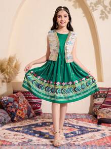 少女花卉提花背心连裙两件套 - 綠色 - 查看 3