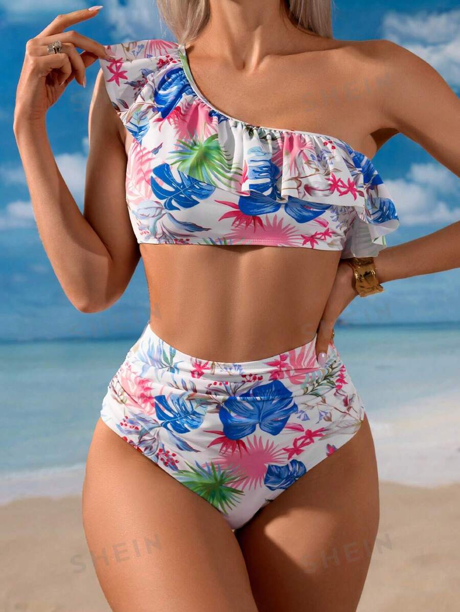 Conjunto de bikini con control de barriga y volantes asiméricos, traje de baño para vacaciones de verano en la playa