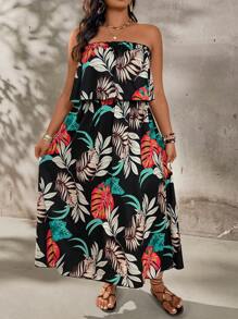 Breezaya Plus Size Ruffled Halter Dress With Large Floral Print, Vacation Style - Multicolor - View 4