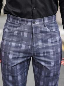 Manfinity Mode 男士格子休闲印花西装裤，简约日常长裤 - 灰色 - 查看 5
