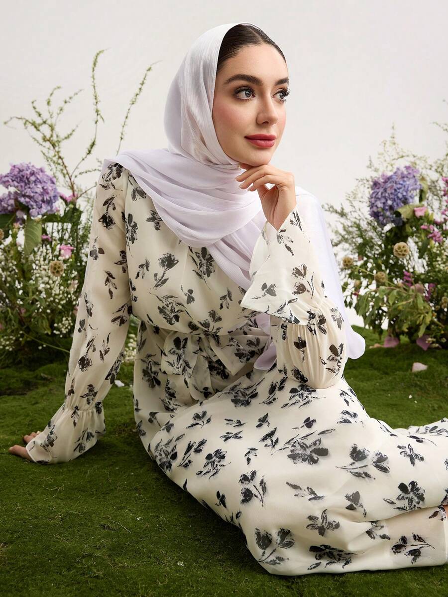Graceveil 女士雪纺花卉印花浪漫优雅保守阿拉伯长裙，春夏季，端庄 - 白色 - 查看 1