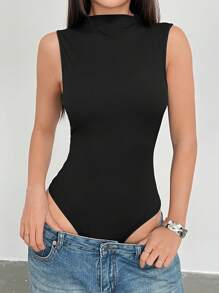 SHEIN PETITE Women's Solid Color Slim-Fit Bodysuit For Spring Everyday Wear - Black - View 6
