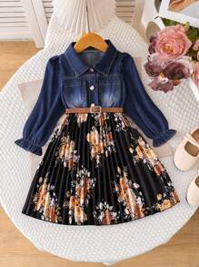 SHEIN 年轻女孩时尚牛仔拼布印花褶皱下摆度假二合一连衣裙 - 彩色 - 查看 1