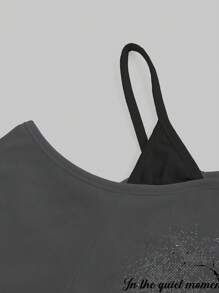 ROMWE Plus Size Women's Loose Fit Oblique Shoulder 2 In 1 Skull & Text Print Gothic Style T-Shirt - Grey - View 6