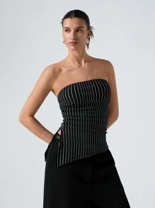 SHEIN EZwear 女士黑色编织条纹不对称下摆短款吊带上衣 - 黑色 - 查看 5