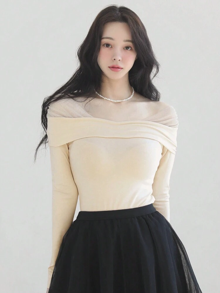 Women's Elegant Off-Shoulder T-Shirt With Mesh Panel,Fall Clothes Long Sleeve Going Out Tops Women