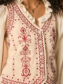 Poéselle Abrikoos katoenen geborduurd tanktopje, concert damesoutfit, delicaat en comfortabel, geschikt voor alle seizoenen, zomer damesoutfit, strand damesoutfits, 1st dames mouwloos casual tanktopje met knoopdetail aan de voorkant, Boho