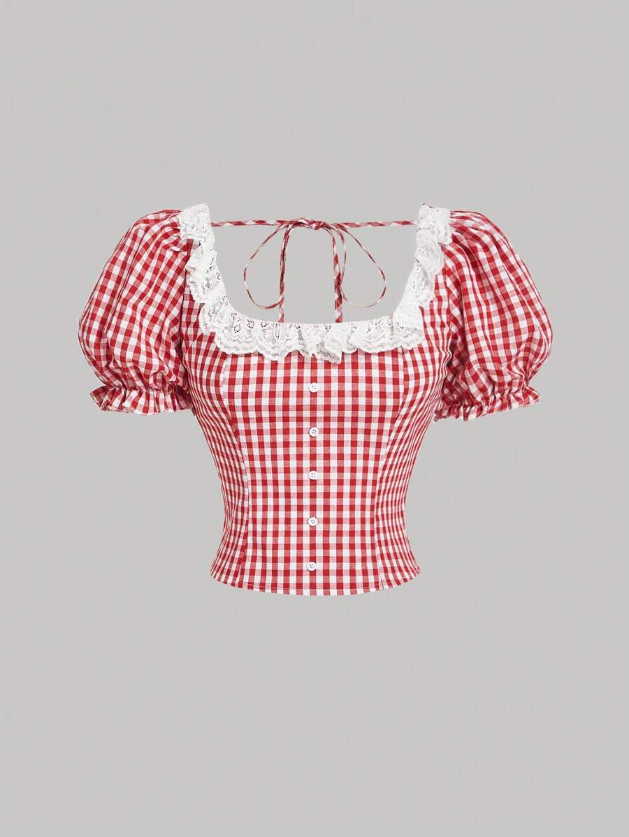 SHEIN MOD Women's Puff Sleeve Cropped Shirt, Red Plaid Blouse - Red - View 1