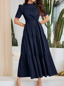 Seusyu 女士休闲纯色泡泡袖阿拉伯风格连衣裙 - 藏蓝色 - 查看 5