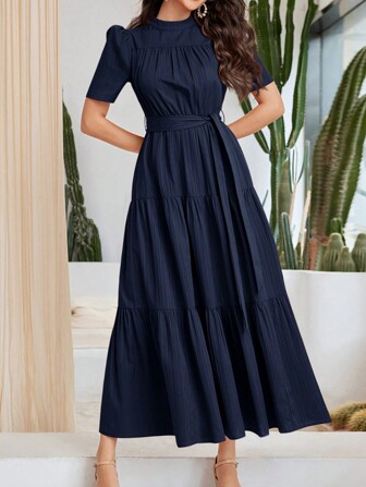 Mulvari Women's Casual Solid Color Puff Sleeve Arabian Style Dress