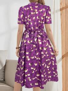 EMERY ROSE Elegant Casual V-Neck Tie Waist Short Sleeve Midi Dress For Women