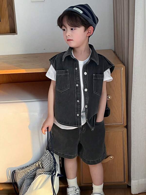 DAZY 2 Stücke/Set Kleinkind Jungen Vorder-Knopf Kurzarm Taschen Lässig Top und Jeans Shorts Set
