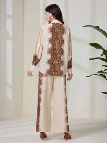 Seusyu Set de 2 piezas de camisa de manga larga y pantalones casuales minimalistas para mujer, atuendo de uso diario