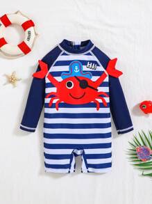 SHEIN 男婴夏季休闲度假可爱螃蟹针织图案连体泳衣适合海滩、泳池、水疗 - 彩色 - 查看 1