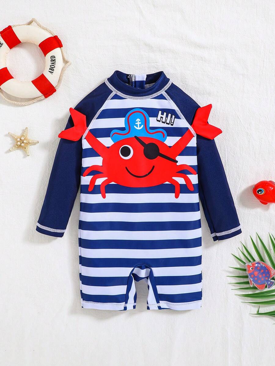 SHEIN 男婴夏季休闲度假可爱螃蟹针织图案连体泳衣适合海滩、泳池、水疗 - 彩色 - 查看 1