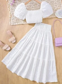 SHEIN Leap Crew Teen Girls Spring Summer White Puff Sleeve Cropped Top With High Waist A-Line Long Skirt Two-Piece Suit, Leisure Vacation Outfit Suitable For Wedding Season