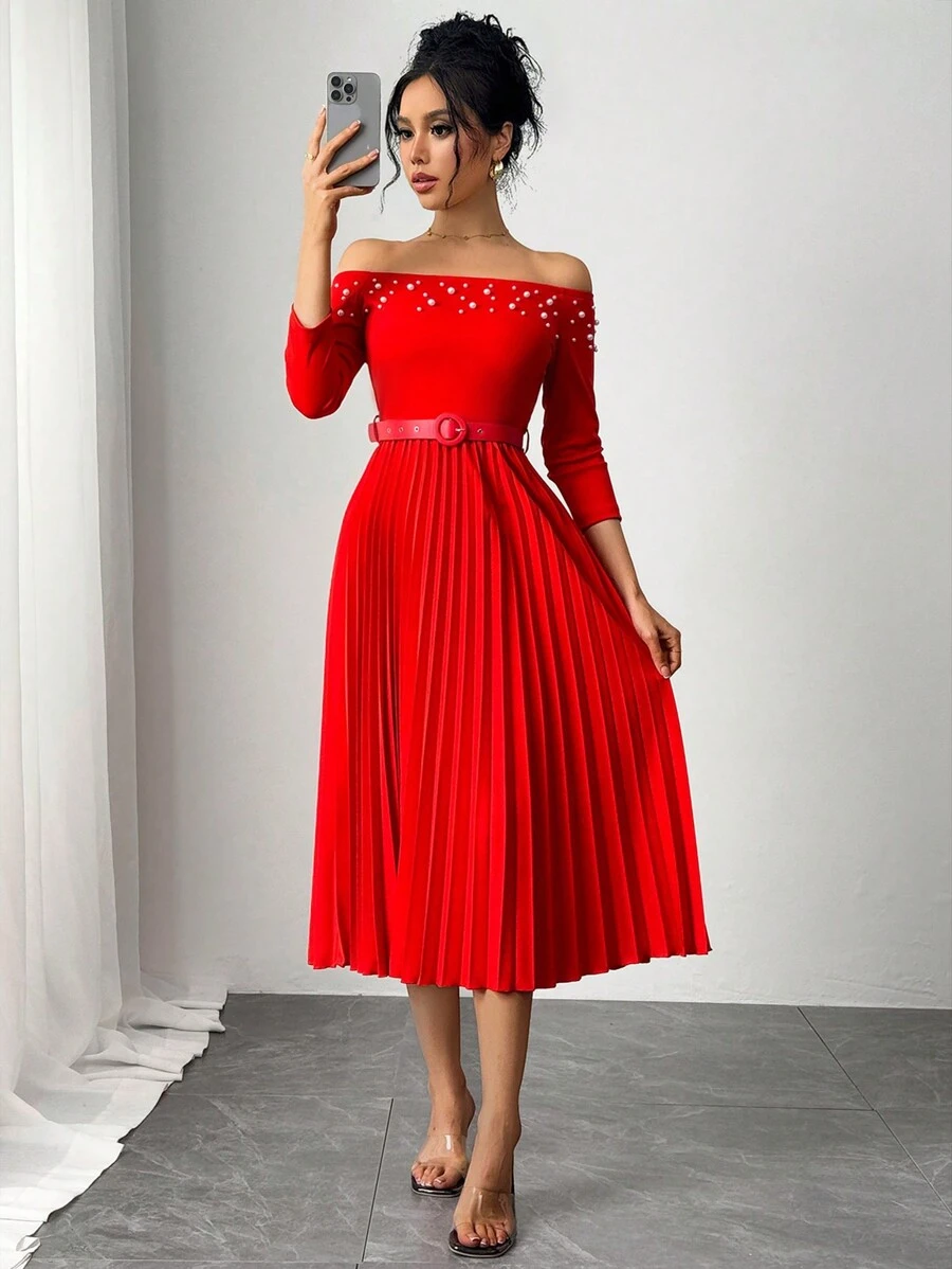 Chiquease 红色露肩泡泡袖珠饰腰部褶皱连衣裙 - 紅色 - 查看 1