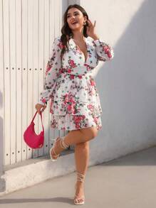 Revavyn 优雅法式度假荷叶边花卉雪纺印花腰收口泡泡袖长袖大码女式迷你连衣裙 - 藏蓝色 - 查看 1