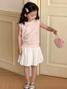 DAZY Young Girl Bow Decor Round Neck Cap Sleeve Sweater & Pleated Skirt 2 Pieces Set,Girls Summer Outfits - Pink - View 3