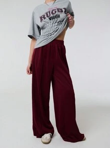 TypaGal Solid Color Wide Leg Sweat Joggers With Contrast Piping - Burgundy - View 1