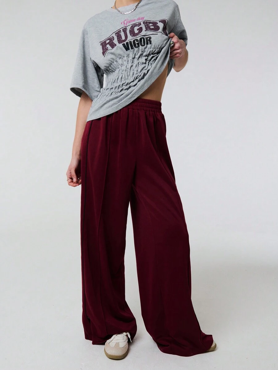 TypaGal Solid Color Wide Leg Sweat Joggers With Contrast Piping - Burgundy - View 1