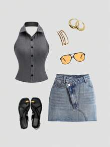 Flirla Deep Gray Front Button Decor Collar Open Back Bowknot Neck Suspender Tank Top, Minimalist And Elegant Business Work Design Ladies Spring/Summer - Dark Grey - View 3