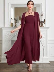 Modelyn 女士优雅派对纯色斗篷和连身裤 2 件套 - 紅色 - 查看 1