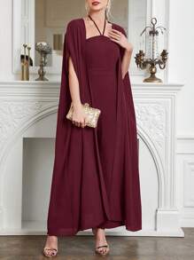 Modelyn 女士优雅派对纯色斗篷和连身裤 2 件套 - 紅色 - 查看 4