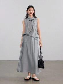 Dazy-Less 2pcs Women Pleated Linen Collar Set Old Money Style - Grey - View 2