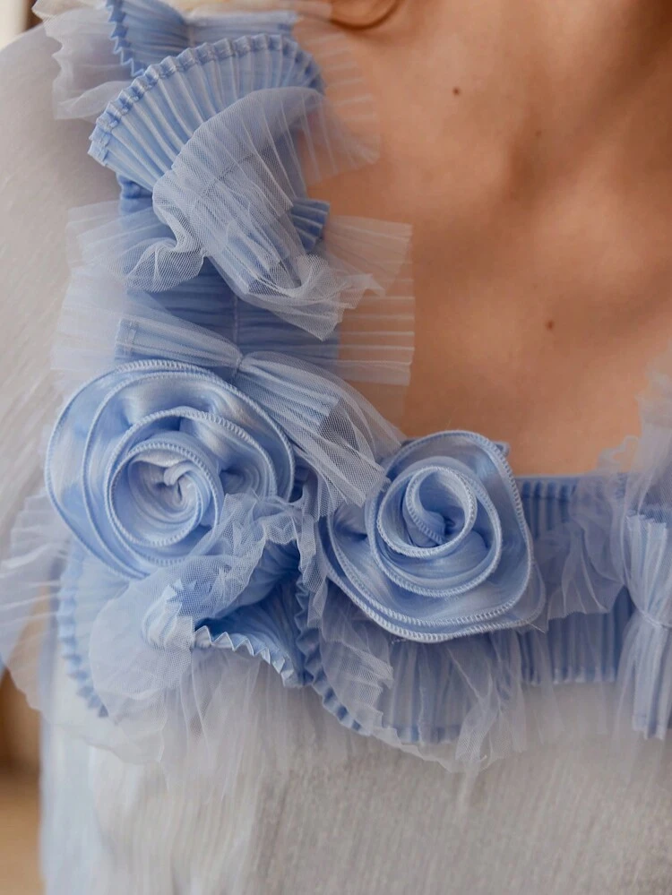 STEREO FLORAL RUFFLE TRIM SHEER TOP,SPRING/SUMMER