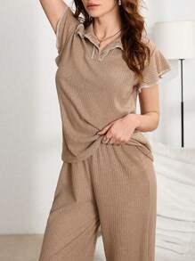 Lazeform Color Block Polo Collar Ruffled Short Sleeve & Pants Women Loungewear Set