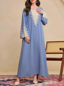 Al Najma Women's Everyday Color Block Sleeve Patch Floral Lace Trim Loose Traditional Dress Kaftan Jalabiya Dress - Blue - View 7