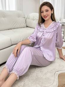 Softscene Comfortable Cute Peter Pan Collar Long Sleeve & Pants Women Pajama Set - Mauve Purple - View 5