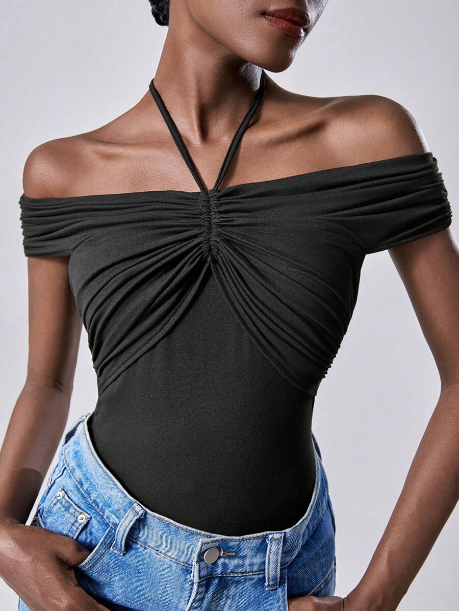 Chiquease Ruched Twist Stacked Short Sleeve Top, American Off Shoulder Sexy Design Slim Fit Comfortable T-Shirt - Black - View 1