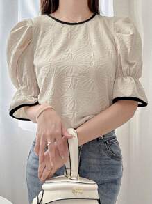FRIFUL 女士优雅纹理面料泡泡袖T恤，撞色饰边，演唱会可爱上衣 - 杏色 - 查看 1
