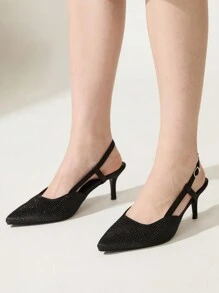 CUCCOO CHICEST 女士镶钻尖头细高跟中跟优雅浅口鞋，缎面高跟鞋，适合派对、约会、正式场合，黑色春假复活节舞会高跟鞋