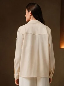 Anewsta Premium Commuting Elegant Pearl Decorated Women Shirt, Spring For Women - Apricot - View 6